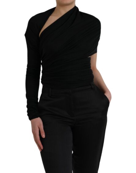 Black Wool Cutout Asymmetric Long Sleeve Top - Image 2