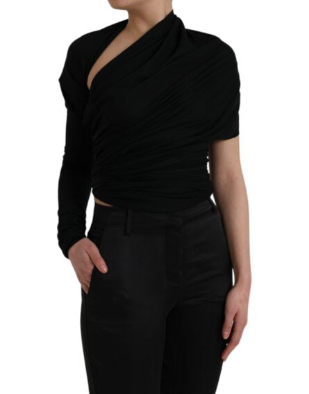 Black Wool Cutout Asymmetric Long Sleeve Top - Image 3