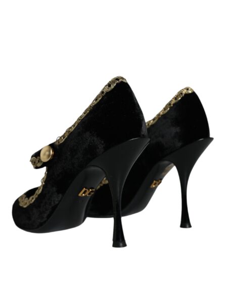 Black Mary Janes Velvet Gold Pumps Shoes - Image 3