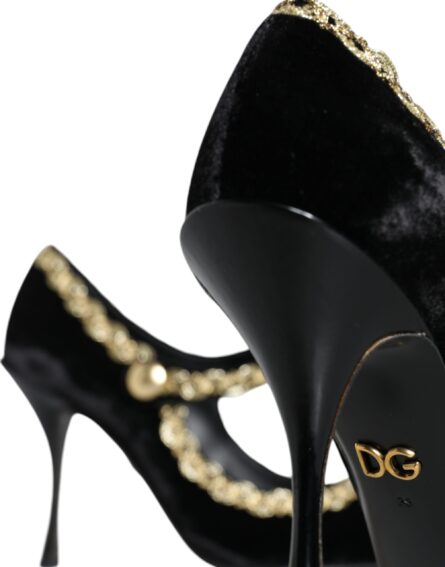 Black Mary Janes Velvet Gold Pumps Shoes - Image 4