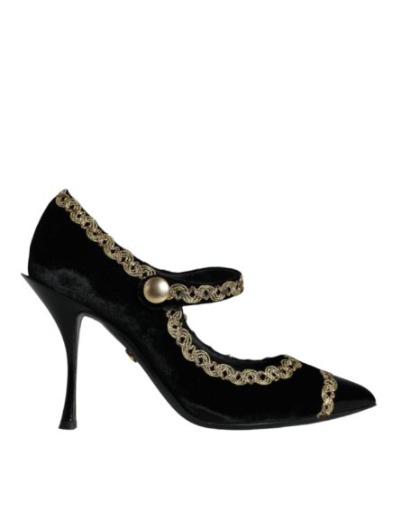 Black Mary Janes Velvet Gold Pumps Shoes - Image 6