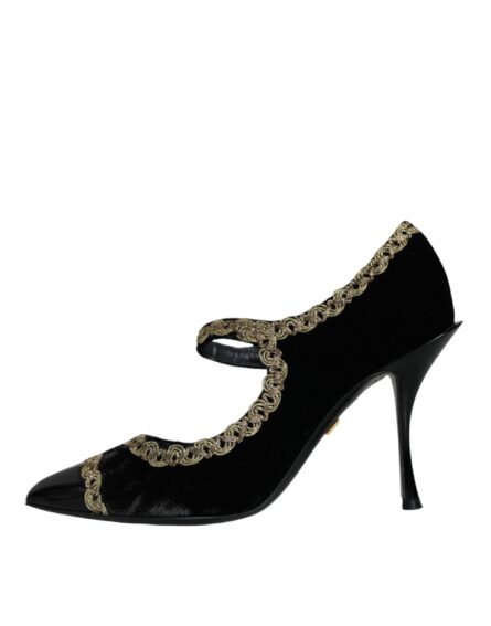 Black Mary Janes Velvet Gold Pumps Shoes - Image 7