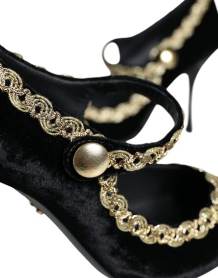 Black Mary Janes Velvet Gold Pumps Shoes - Image 8