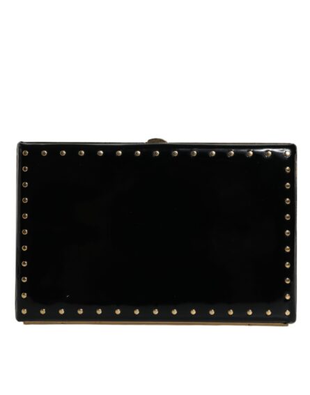Black Leather Studs Gold Frame Clutch Evening Purse Bag - Image 3