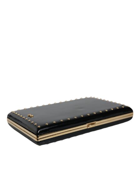 Black Leather Studs Gold Frame Clutch Evening Purse Bag - Image 4