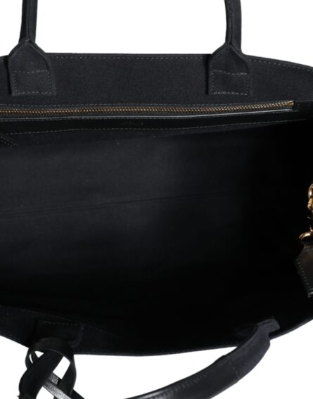 Black Top Handle Canvas Leather Logo Crossbody Tote Bag - Image 8