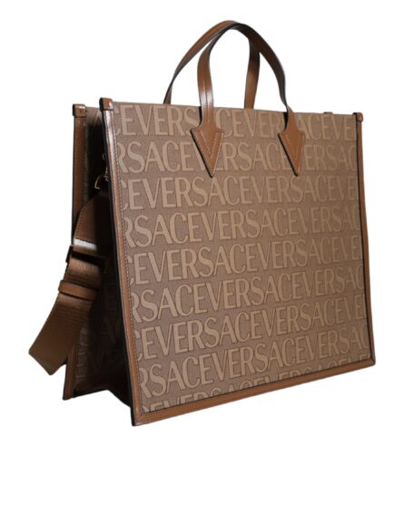 Brown Top Handle Jacquard Leather Logo Crossbody Tote Bag - Image 4