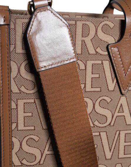 Brown Top Handle Jacquard Leather Logo Crossbody Tote Bag - Image 5