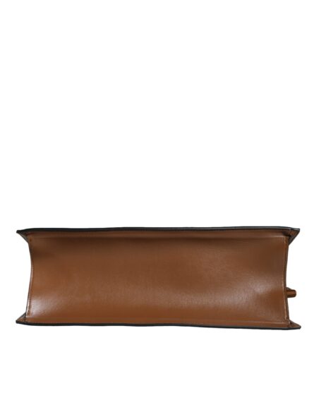 Brown Top Handle Jacquard Leather Logo Crossbody Tote Bag - Image 6