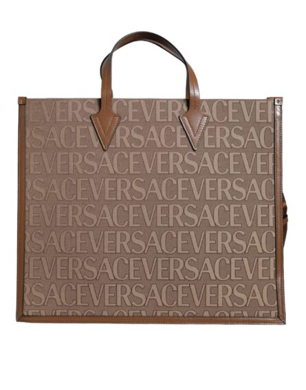 Brown Top Handle Jacquard Leather Logo Crossbody Tote Bag - Image 7