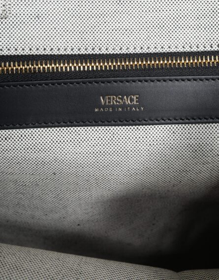 White Top Handle Canvas Leather Logo Crossbody Tote Bag - Image 4