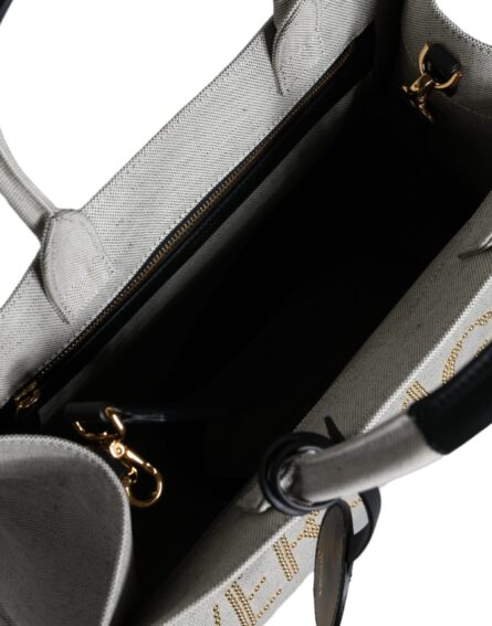 White Top Handle Canvas Leather Logo Crossbody Tote Bag - Image 5