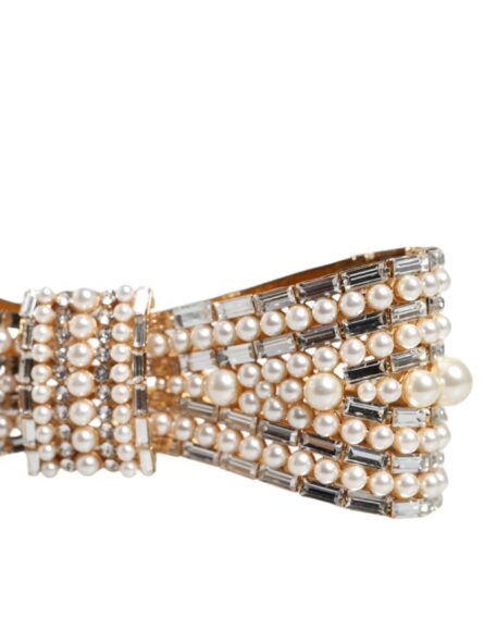 Gold Tone Brass Bow Crystal FauxPearl Embellished Brooch - Image 4