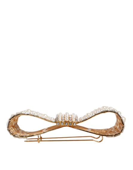 Gold Tone Brass Bow Crystal FauxPearl Embellished Brooch - Image 6