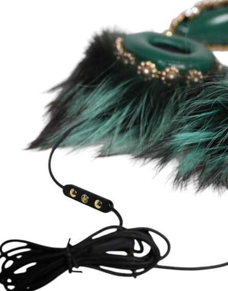 Green Gold Crystal Fur Headset Audio AUX Headphones - Image 3