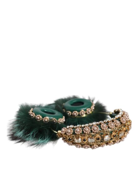 Green Gold Crystal Fur Headset Audio AUX Headphones - Image 6