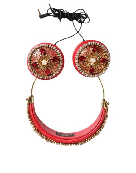 Red Nappa Leather Floral Crystal Headphone - Image 6