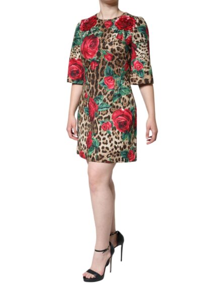 Brown Leopard Red Roses Cotton A-line Dress - Image 3