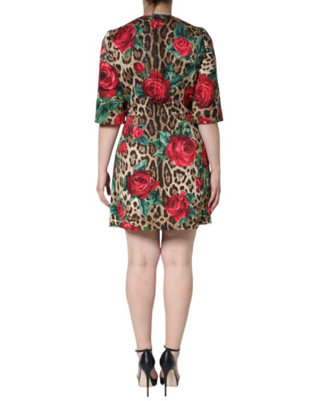 Brown Leopard Red Roses Cotton A-line Dress - Image 4