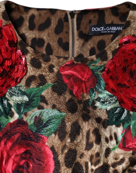 Brown Leopard Red Roses Cotton A-line Dress - Image 7
