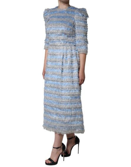 Light Blue Silver Jacquard A-line Midi Dress - Image 3