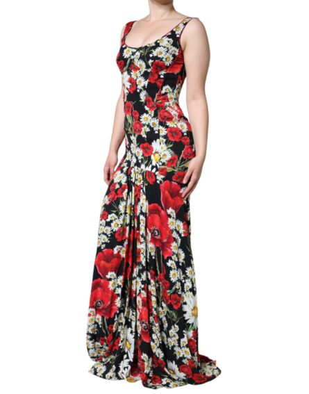 Black Floral Silk Sleeveless Long Gown Dress - Image 3