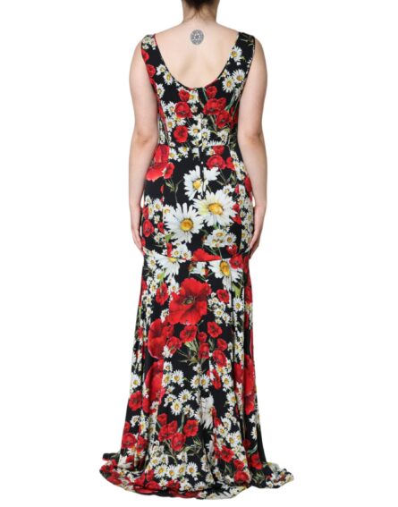 Black Floral Silk Sleeveless Long Gown Dress - Image 4