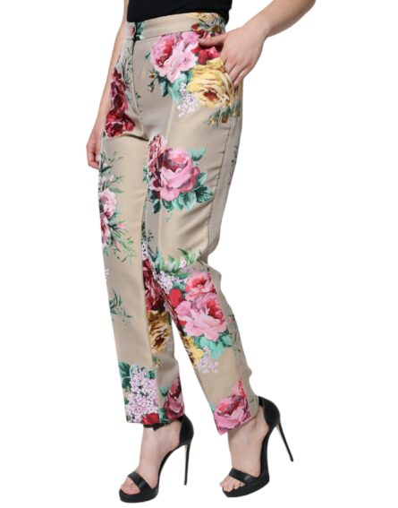 Beige Floral Jacquard High Waist Tapered Pants - Image 3