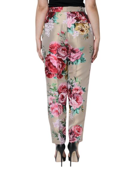 Beige Floral Jacquard High Waist Tapered Pants - Image 4