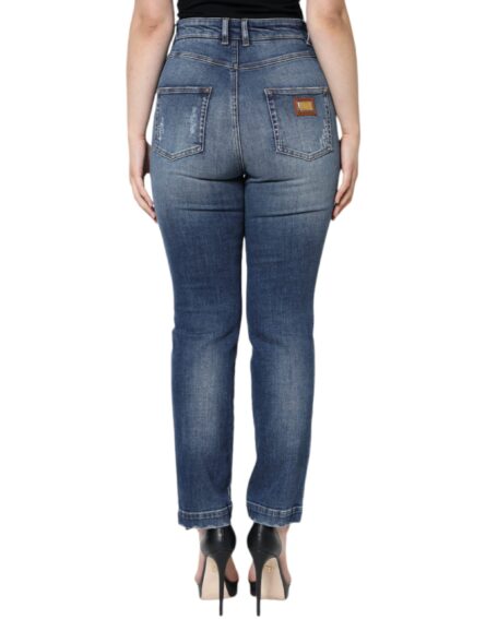 Dark Blue Cotton Tattered Skinny Denim Jeans - Image 4