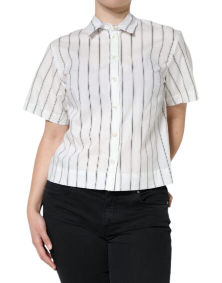 White Striped Collared Short Sleeve Polo Top - Image 4