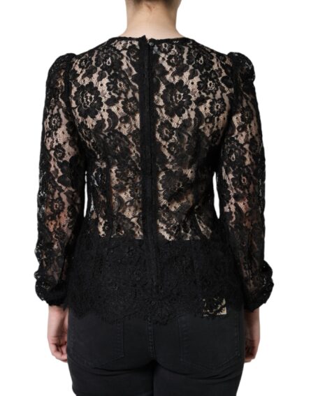 Black Floral Lace See Through Long Sleeve Top - Image 3