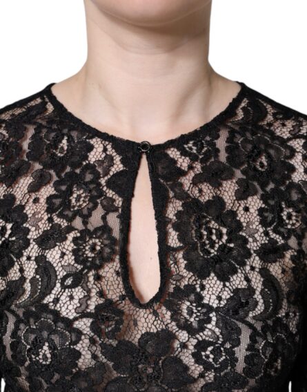 Black Floral Lace See Through Long Sleeve Top - Image 4