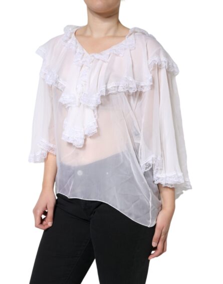 White Ruffles Lace Long Sleeve Blouse Top - Image 3