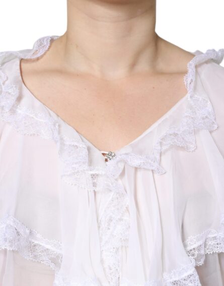 White Ruffles Lace Long Sleeve Blouse Top - Image 5