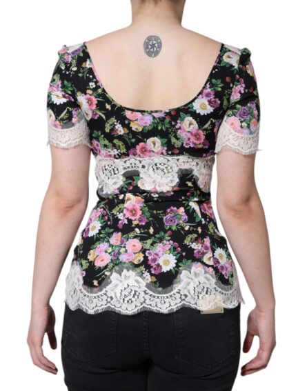 Black Floral Lace Short Sleeves Blouse Top - Image 4