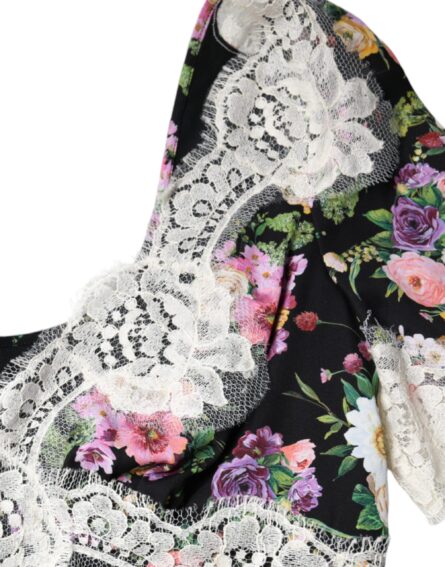 Black Floral Lace Short Sleeves Blouse Top - Image 7