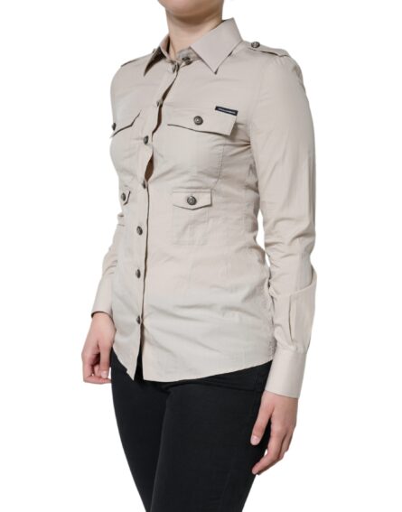 Beige Cotton Collared Button Down Shirt Top - Image 3