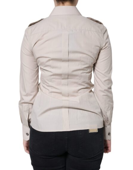 Beige Cotton Collared Button Down Shirt Top - Image 4