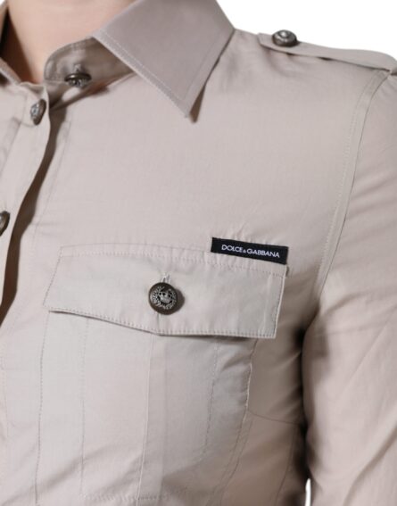 Beige Cotton Collared Button Down Shirt Top - Image 5