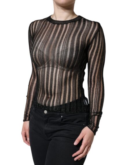 Black Stripe See Through Long Sleeves Top - Image 3