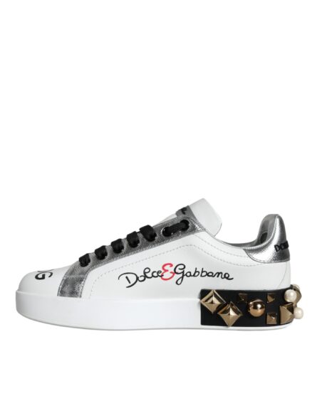 White Leather Floral Studded Sneakers Shoes - Image 3