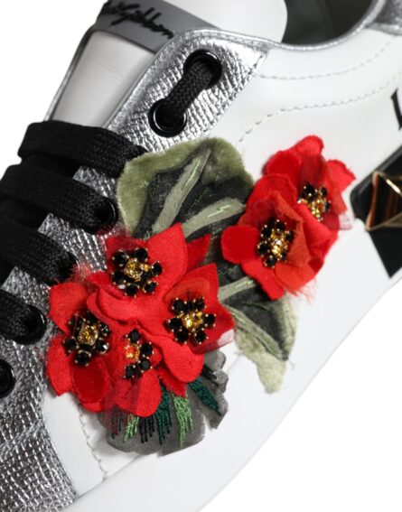 White Leather Floral Studded Sneakers Shoes - Image 4