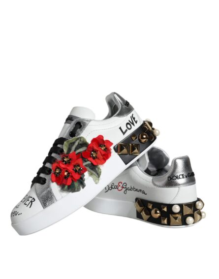 White Leather Floral Studded Sneakers Shoes - Image 5