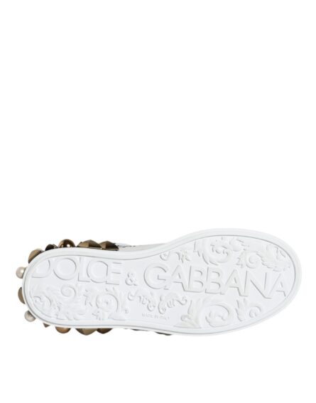 White Leather Floral Studded Sneakers Shoes - Image 6