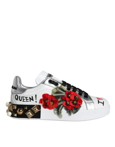 White Leather Floral Studded Sneakers Shoes - Image 7