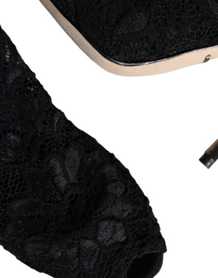 Black Lace Stretch Heels Mid Calf Boot Shoes - Image 5