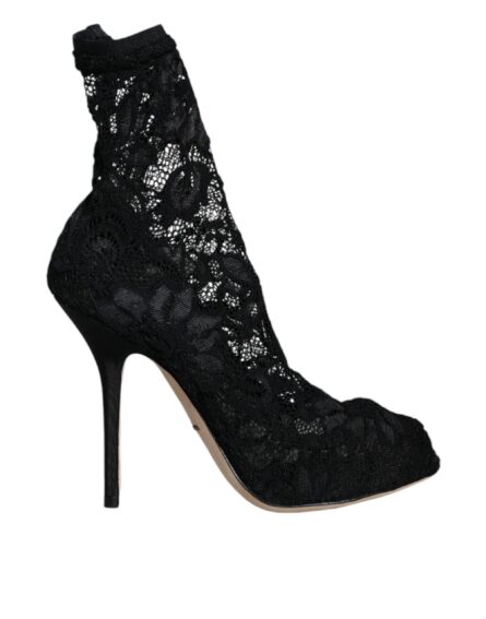 Black Lace Stretch Heels Mid Calf Boot Shoes - Image 6