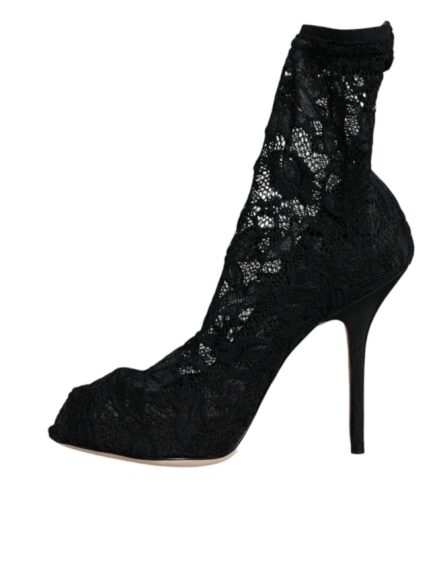 Black Lace Stretch Heels Mid Calf Boot Shoes - Image 8