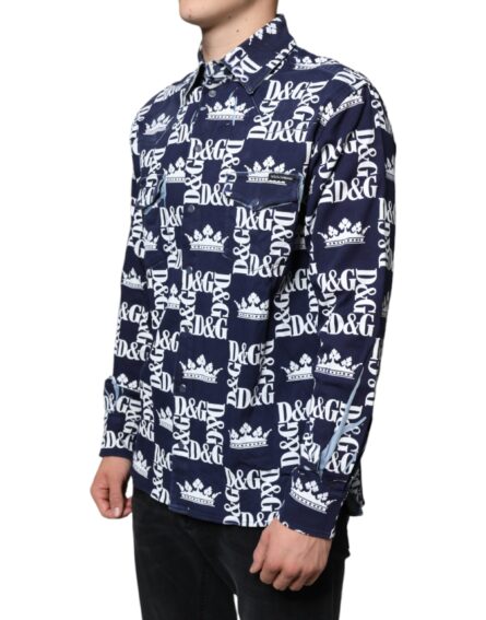 Blue Crown Logo Print Slim Fit Cotton Shirt - Image 3